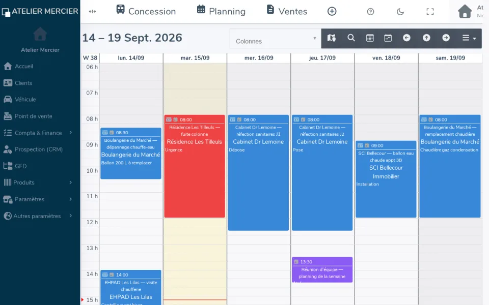 Planning hebdomadaire dans Adliss : interventions et rendez-vous clients par jour et par heure